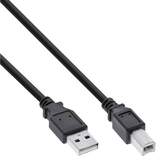 Ein schwarzes USB-Kabel mit einem Standard-USB-Typ-A-Stecker auf der einen Seite und einem USB-Typ-B-Stecker auf der anderen Seite, das zum Verbinden von Geräten verwendet wird.
