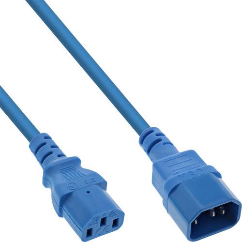 Ein blaues Stromverlängerungskabel mit C13- und C14-Steckverbindern, das häufig zum Anschluss von Stromversorgungseinheiten in Computer- und Netzwerkgeräten verwendet wird.
