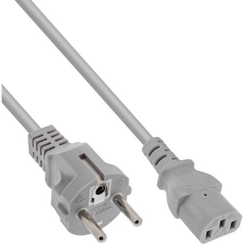 Ein graues Stromkabel mit einem geerdeten Europlug an einem Ende und einem C13-Stecker am anderen Ende, häufig für die Stromversorgung von Computern oder elektronischen Geräten verwendet.
