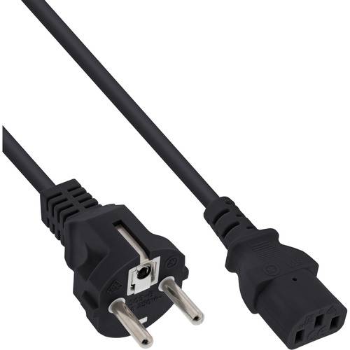 Ein schwarzes Stromkabel mit einem zweipoligen europäischen Stecker an einem Ende und einem rechteckigen C13-Anschluss am anderen Ende.