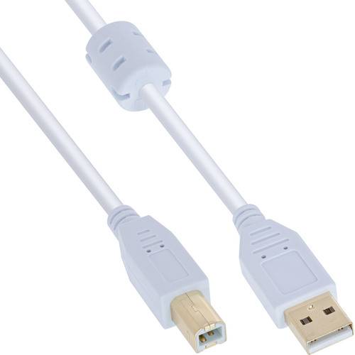 Weißes USB-2.0-A-zu-B-Kabel mit Ferritkern, das zum Verbinden von Geräten wie Druckern mit Computern verwendet wird.