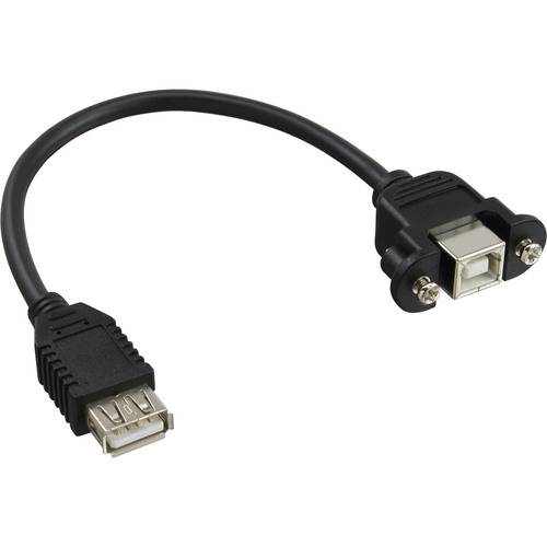 Ein kurzes schwarzes USB-Adapterkabel mit einem weiblichen USB-A-Anschluss auf der einen Seite und einem weiblichen USB-B-Anschluss auf der anderen Seite.