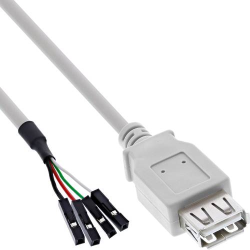 Ein USB-zu-Stiftleisten-Kabel mit einem USB-Anschluss an einem Ende und vier farbigen Stiftverbindern (schwarz, rot, grün, weiß) am anderen Ende.