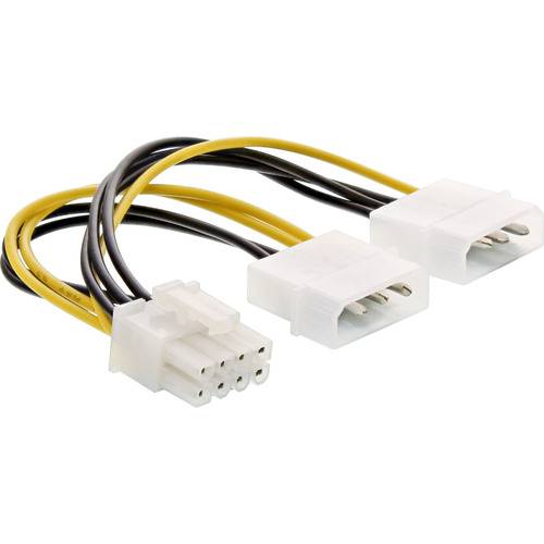 6-pin PCIe auf duale 4-pin Molex Stromadapter-Kabel mit schwarzen und gelben Drähten, wird verwendet, um eine Grafikkarte mit einem Netzteil zu verbinden.