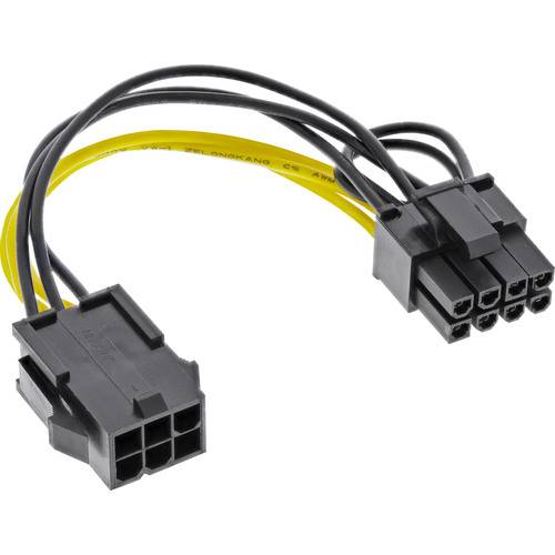 Ein Stromstecker mit mehreren schwarzen und gelben Drähten, ausgestattet mit einer 8-poligen und einer 6-poligen Buchse, der zum Verbinden von Computerkomponenten verwendet wird.