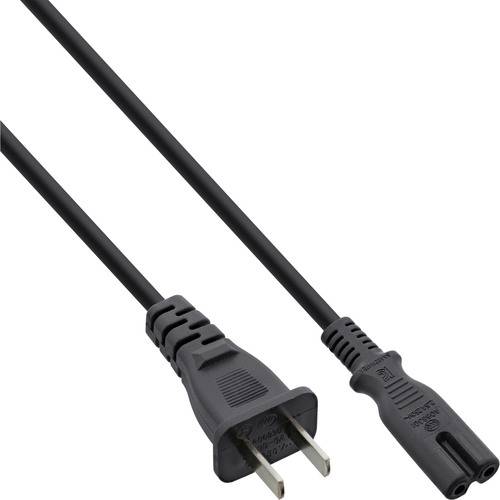 Ein schwarzes zweipoliges Stromkabel mit einem Ende mit Standardstecker und dem anderen Ende mit Buchsenverbinder, das für elektronische Geräte verwendet wird.