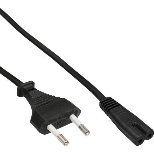 Ein schwarzer europäischer zweipoliger Stromstecker, verbunden mit einem langen schwarzen Kabel, das mit einem weiblichen Steckverbinder endet.