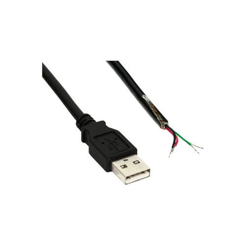 USB-Kabel mit einem freiliegenden Ende aus vier Drähten: rot, schwarz, weiß und grün, verwendet für elektrische Verbindungen und Datenübertragung.