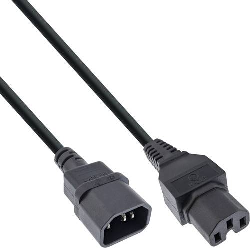 Ein schwarzes Stromkabel mit einem IEC-C13-Stecker auf der einen Seite und einem IEC-C14-Stecker auf der anderen Seite, das zum Anschließen von elektronischen Geräten an Stromquellen verwendet wird.