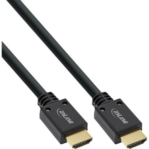 Zwei schwarze HDMI-Kabel mit vergoldeten Anschlüssen sind diagonal angebracht und zeigen in entgegengesetzte Richtungen. Die Kabel sind mit „InLine