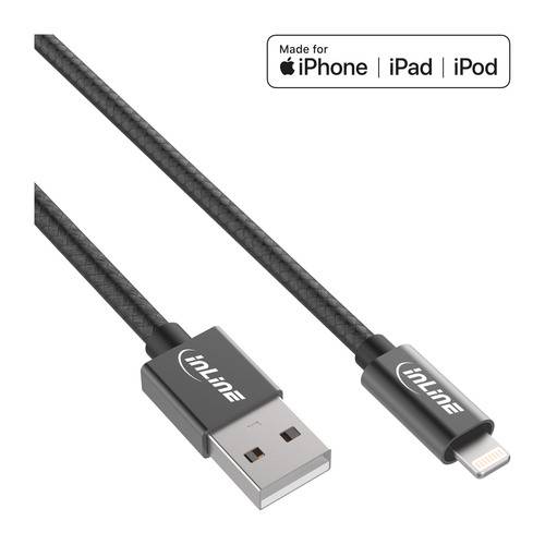 Ein schwarzes USB-auf-Lightning-Kabel kompatibel mit „iPhone