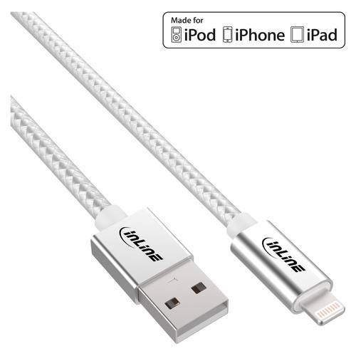Ein geflochtenes USB-zu-Lightning-Kabel mit Metallsteckern, gekennzeichnet mit „Made for iPod iPhone iPad