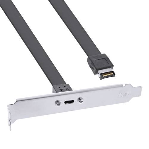Eine Metallhalterung mit einem USB-C-Anschluss und zwei angebrachten Kabeln zur internen Computerinstallation.