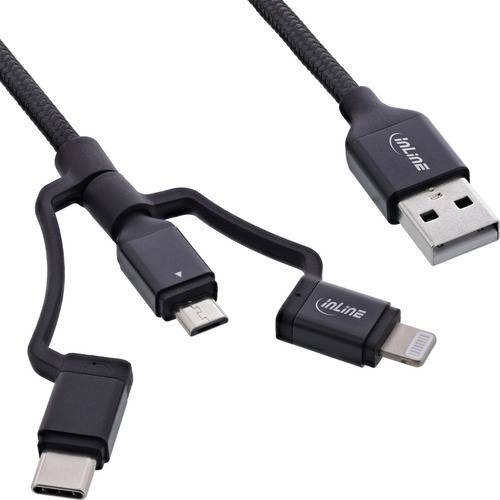 Ein geflochtenes 3-in-1-Ladekabel mit USB-, Micro-USB- und Lightning-Anschlüssen, das zum Laden mehrerer Geräte mit unterschiedlichen Anschlüssen geeignet ist.