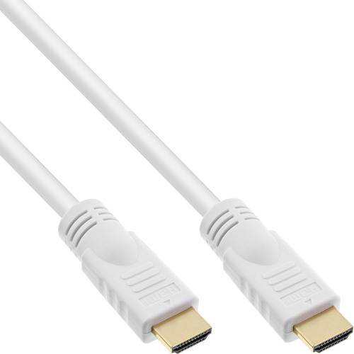 Ein Paar weißer HDMI-Kabel mit vergoldeten Steckern, nach rechts abgewinkelt, zur Übertragung von hochauflösenden Video- und Audiosignalen verwendet.