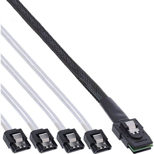 Ein Datenkabel mit schwarzer geflochtener Ummantelung und fünf Anschlüssen, typischerweise zur Verbindung von Speichergeräten in Computern verwendet.