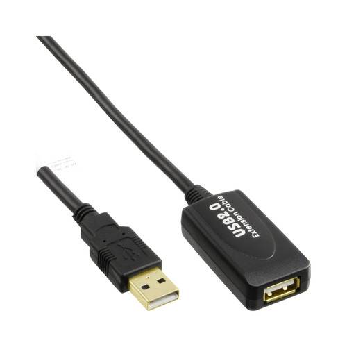 Ein schwarzes USB-2.0-Verlängerungskabel mit einem männlichen USB-Anschluss an einem Ende und einem weiblichen USB-Anschluss am anderen Ende, das zur Verlängerung von USB-Verbindungen verwendet wird.