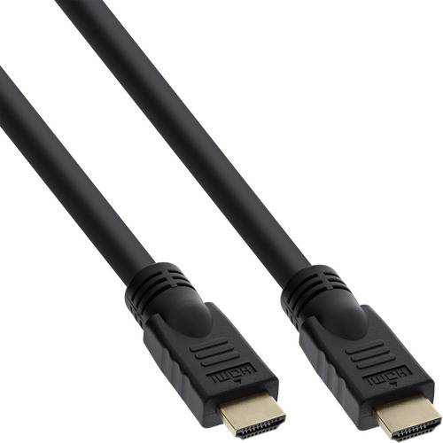 Zwei schwarze HDMI-Kabel mit Standardsteckern, die sich gegenseitig gegenüber stehen und die beschrifteten 