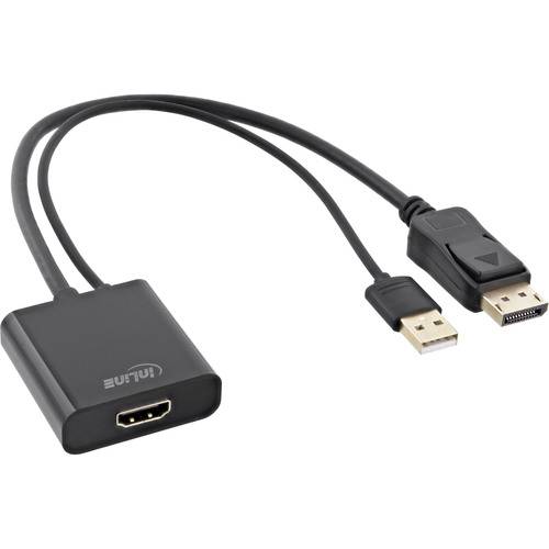 Ein schwarzes HDMI-Kabel mit einem USB-Anschluss und einem DisplayPort-Anschluss, das zum Verbinden von Geräten mit einem Bildschirm oder Display konzipiert ist.