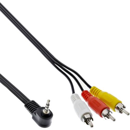 Ein schwarzes Audiokabel mit einem 3,5-mm-Klinkenstecker auf der einen Seite und roten, weißen und gelben RCA-Steckern auf der anderen Seite, das für Audio-/Videoverbindungen verwendet wird.