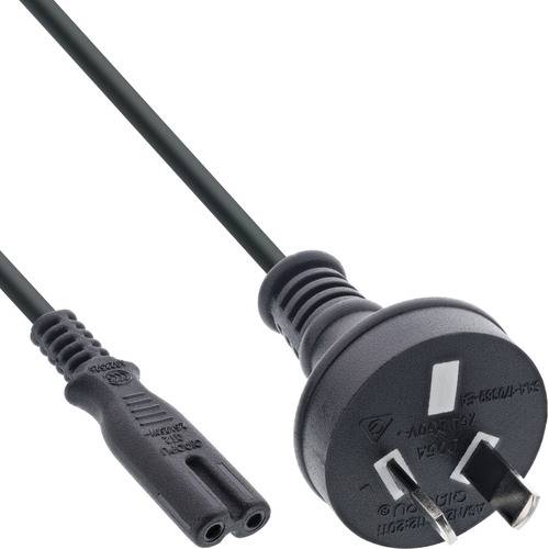 Ein schwarzes Stromkabel mit einem zweipoligen Stecker auf der einen Seite und einem Anschluss auf der anderen Seite, verwendet für elektrische Geräte.