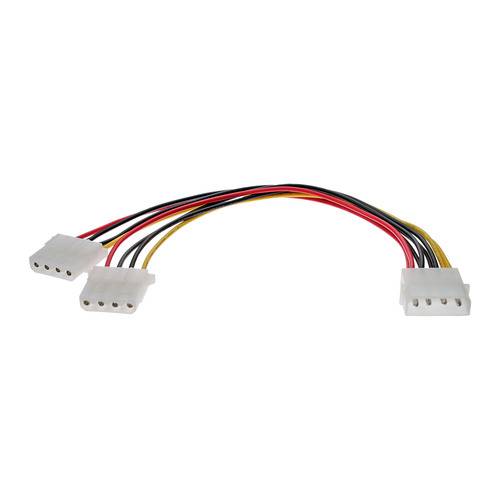 Ein Y-Kabel-Splitter mit einem 4-poligen Steckverbinder auf der einen Seite und zwei 4-poligen Buchsenverbindern auf der anderen Seite. Die Drähte sind schwarz, rot und gelb.