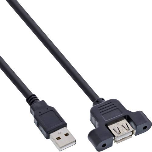 Ein schwarzes USB-Verlängerungskabel mit einem Stecker auf der einen Seite und einer Buchse auf der anderen Seite, vor weißem Hintergrund.