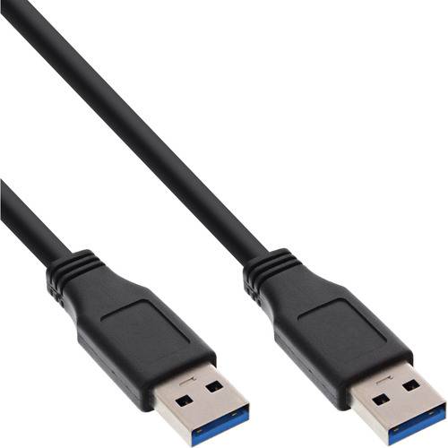 Zwei schwarze USB-Kabel mit Typ-A-Steckern an beiden Enden, vor einem einfachen weißen Hintergrund gezeigt.