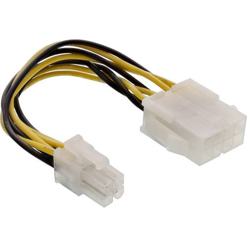 Ein 4-poliger Stecker-Molex-auf-6-poliger-PCI-Express-Stromadapterkabel mit gelben und schwarzen Drähten für Computerhard- wareverbindungen.