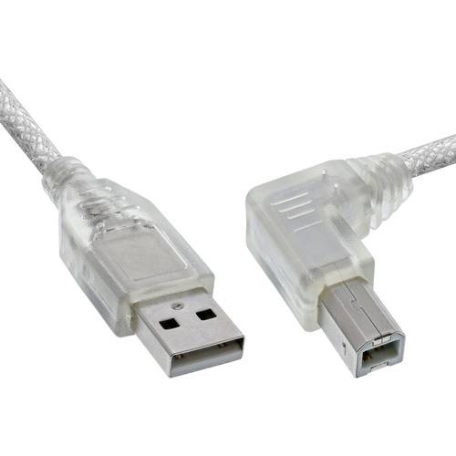 Ein transparentes USB-Kabel mit einem Typ-A-Stecker auf der einen Seite und einem Typ-B-Stecker auf der anderen Seite, das zum Verbinden von Geräten wie Druckern verwendet wird.