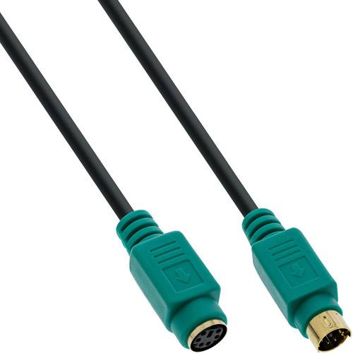Zwei PS/2-Stecker, einer männlich und einer weiblich, mit grünen Kunststoffgehäusen, sind horizontal ausgerichtet und werden zum Anschließen von Tastaturen oder Mäusen verwendet.