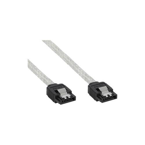 Ein graues SATA-Kabel mit schwarzen Steckern an beiden Enden, das zum Verbinden von Speichergeräten innerhalb eines Computers verwendet wird.