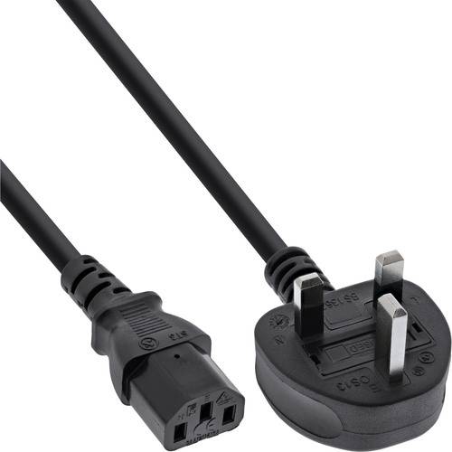 Ein schwarzes britisches Stromkabel und Stecker mit drei rechteckigen Stiften. Das Kabel ist neben dem Stecker auf weißem Hintergrund aufgewickelt.