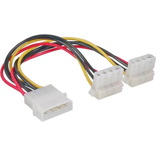 Ein Dual-Molex-zu-Einzel-Stromkabel-Splitter mit roten, schwarzen und gelben Drähten, der zum Verbinden von Computerkomponenten verwendet wird, die Stromversorgung benötigen.