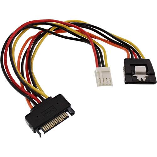 Ein SATA-Stromkabel mit mehrfarbigen Drähten und Anschlüssen, das zum Verbinden von Computerkomponenten verwendet wird.