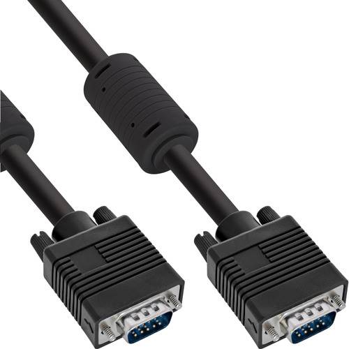 Ein schwarzes VGA-Kabel mit Anschlüssen an beiden Enden, das Metallstifte und ein geripptes Gehäuse zeigt, das zum Verbinden von Monitoren mit Computern verwendet wird.