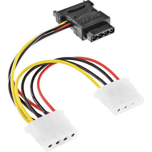 Molex-zu-SATA-Stromadapterkabel mit zwei weißen Steckern und einem schwarzen Stecker, das zum Anschluss von Festplatten an die Stromversorgung verwendet wird.