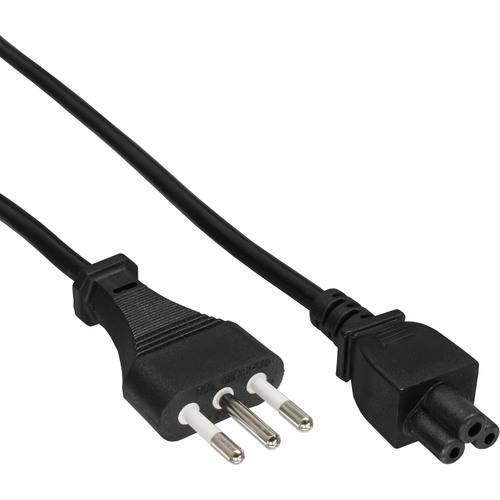 Ein schwarzes C13-zu-Schweizer-Stecker-Stromkabel mit einer dreipoligen Konfiguration.