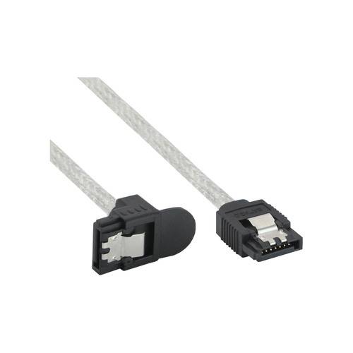Ein graues SATA-Kabel mit schwarzen Steckern an beiden Enden, das zum Verbinden von Speichergeräten im Inneren von Computern verwendet wird.