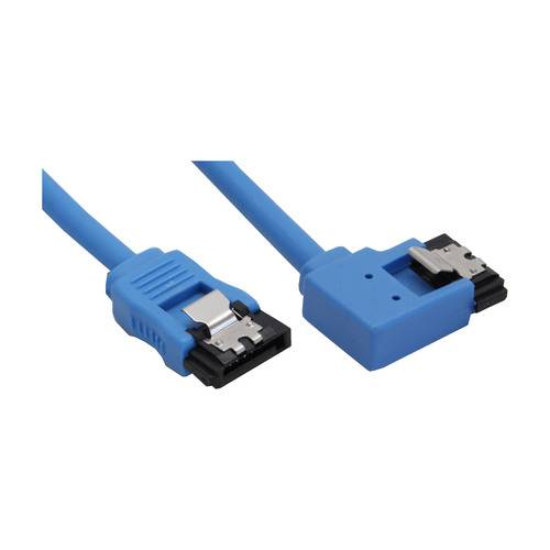 Ein blaues Kabel mit zwei Steckverbindern an jedem Ende, einer rechtwinklig und der andere gerade, entwickelt für sichere Datenübertragung.