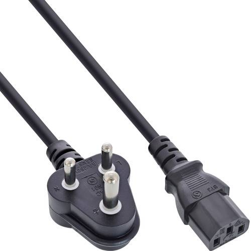 Ein schwarzes Stromkabel mit einem dreipoligen Stecker an einem Ende und einem rechteckigen Anschluss am anderen Ende, geeignet für die Verwendung in der Elektronik.