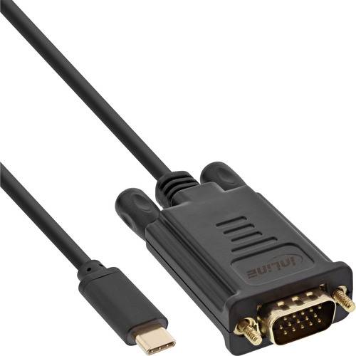 Ein USB-C-zu-VGA-Adapterkabel, das den USB-C-Stecker an einem Ende und einen VGA-Stecker mit zwei Schrauben am anderen Ende zeigt.