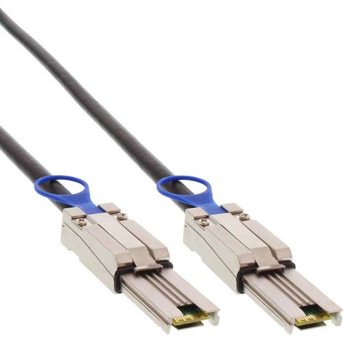 Ein Hochgeschwindigkeits-Datenkabel mit zwei metallischen Steckverbindern, jeder mit einer blauen Verriegelung.