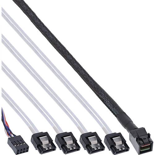SAS-Kabel mit schwarzer geflochtener Ummantelung an einem Ende und Aufteilung in mehrere Stecker, jeweils mit durchsichtigem Gehäuse, zur Datenübertragung.