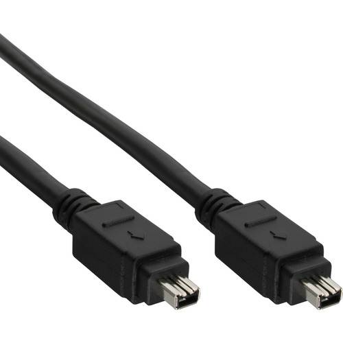 Ein schwarzes FireWire-Kabel mit zwei sechspoligen Steckverbindern, das für die Hochgeschwindigkeitsdatenübertragung zwischen kompatiblen Geräten verwendet wird.