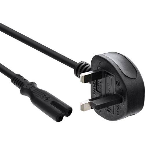 Ein schwarzes britisches Stromkabel mit einem zweipoligen Stecker und einem Achter-Stecker, das zum Anschließen von elektronischen Geräten an eine Stromquelle verwendet wird.