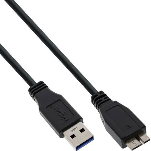 Ein USB-3.0-Kabel mit einem Standard-USB-A-Anschluss an einem Ende und einem Micro-USB-B-Anschluss am anderen Ende zum Datentransfer und Aufladen.