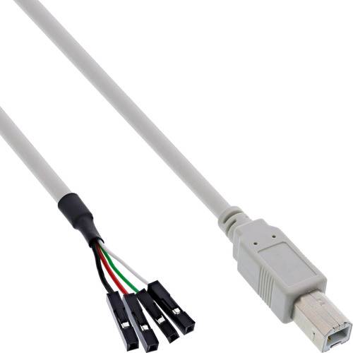 Ein modulares Kabel mit einem weißen USB-Typ-B-Stecker auf der einen Seite und vier farbigen Jumperkabeln mit Steckverbindern auf der anderen Seite.