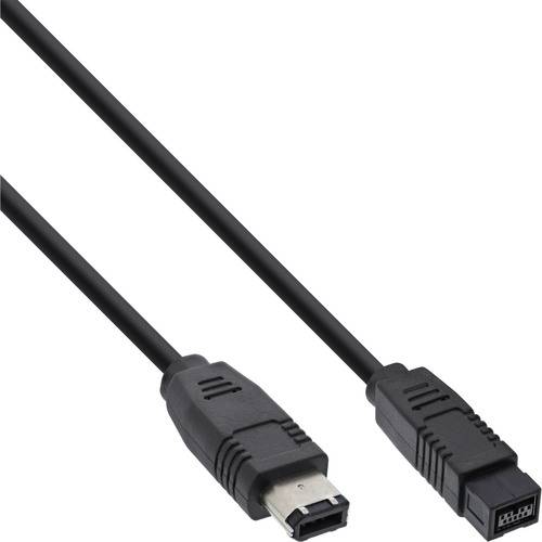 Ein schwarzes FireWire-Kabel mit einem männlichen 4-poligen Stecker an einem Ende und einem 6-poligen Stecker am anderen Ende, verwendet zum Verbinden von elektronischen Geräten.