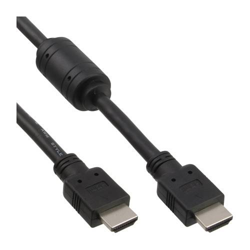 Ein schwarzes HDMI-Kabel mit Ferritkern und Doppelsteckern für Audio- und Videoübertragung.